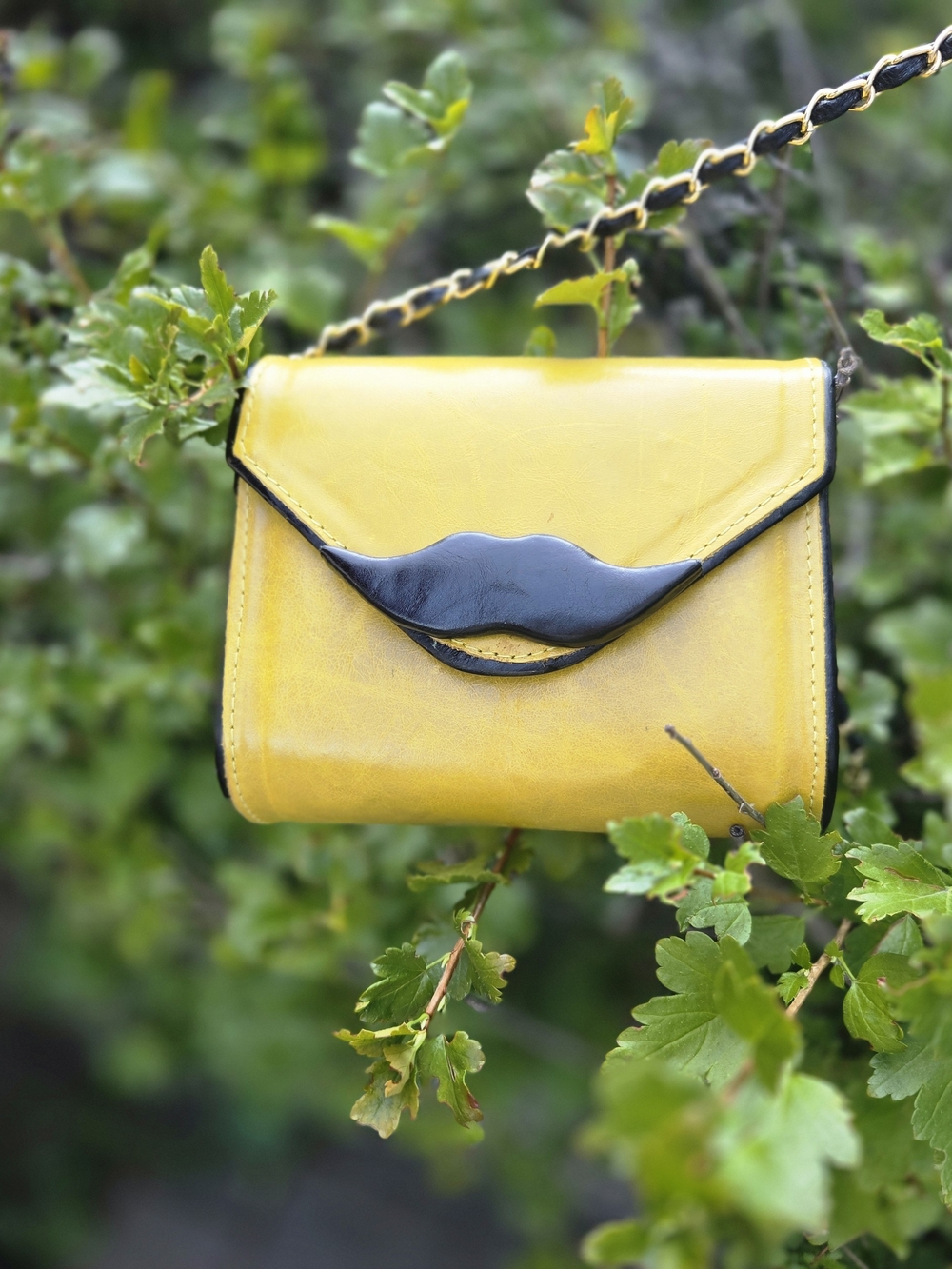 Yellow Crossbody Bag with Black Mustache Accent and Chain Strap Brazilian